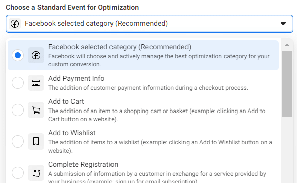 Choose a Standard Event for Optimization - Facebook