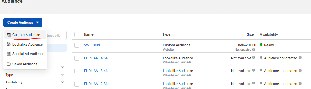 Create Custom Audience Button in Business Manager