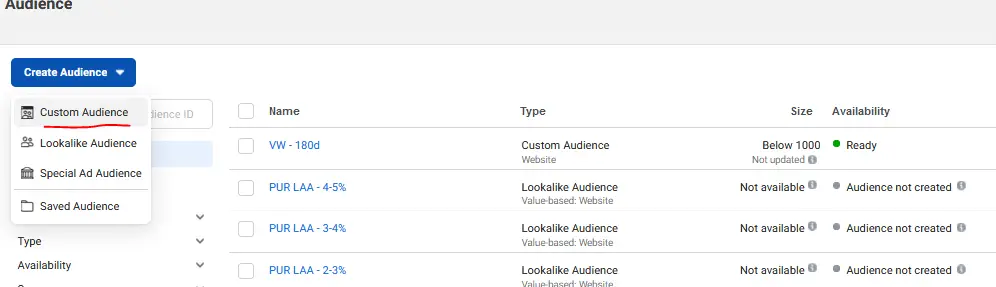 Create Custom Audience Button in Business Manager