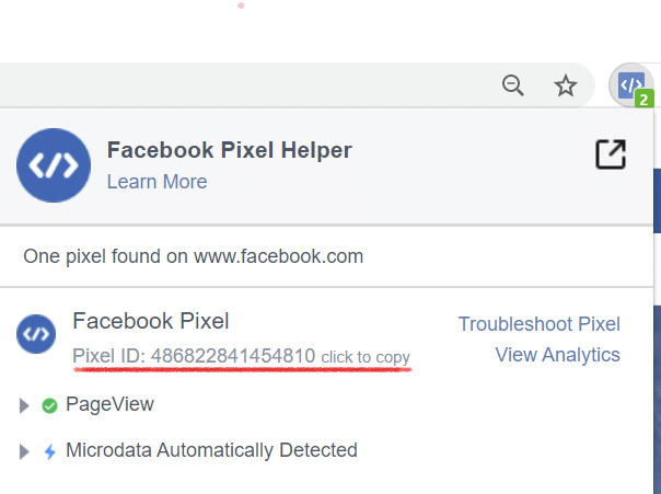 Facebook Pixel ID in the Facebook Pixel Helper