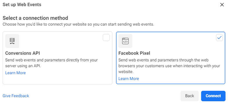 Facebook Pixel Select a Connection Method
