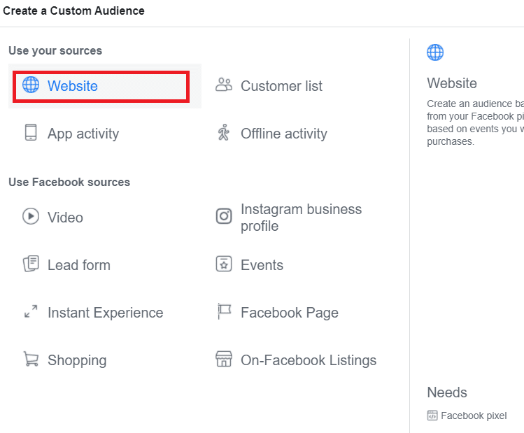 Choose Website as the Source of Facebook Custom Audience