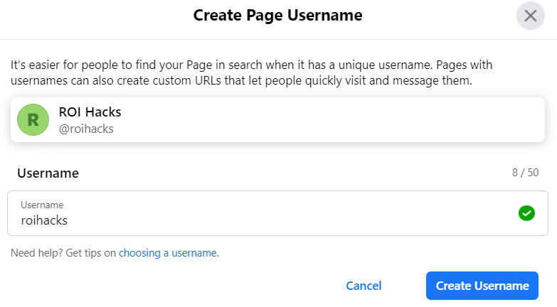 Create Facebook page username