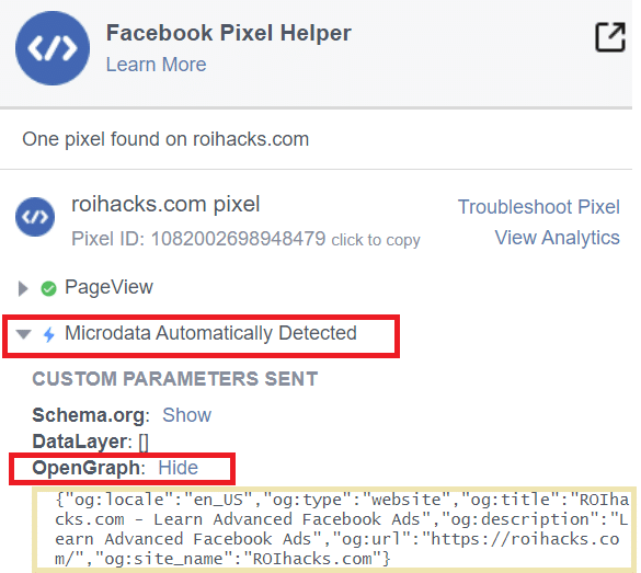 Facebook Open Graph Meta Tags in Facebook Pixel Helper