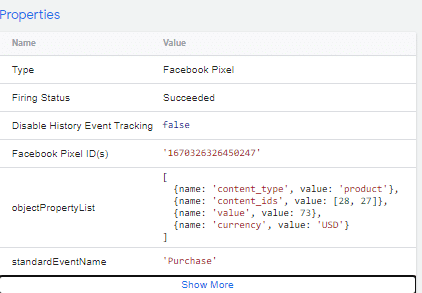 Facebook Purchase Event Properties in Preview and Debug mode