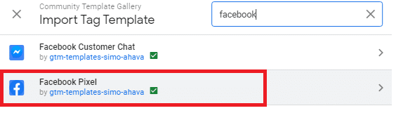 Search for Facebook Pixel Tag Template