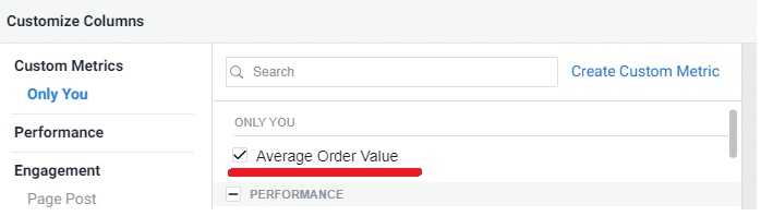 Average Order Value Custom Metrics in Facebook