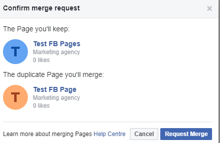 Confirm Facebook page merge request