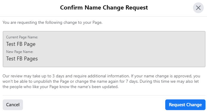 confirm changing Facebook page name