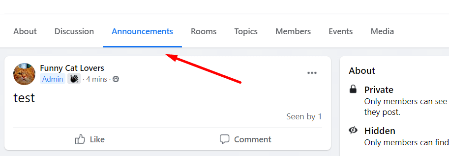 Facebook group announcements tab