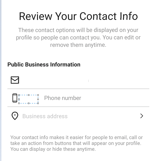 Instagram business contact information