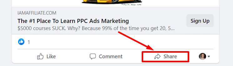 Share button on a Facebook post