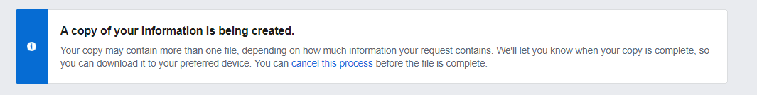 copy of your Facebook page is being created