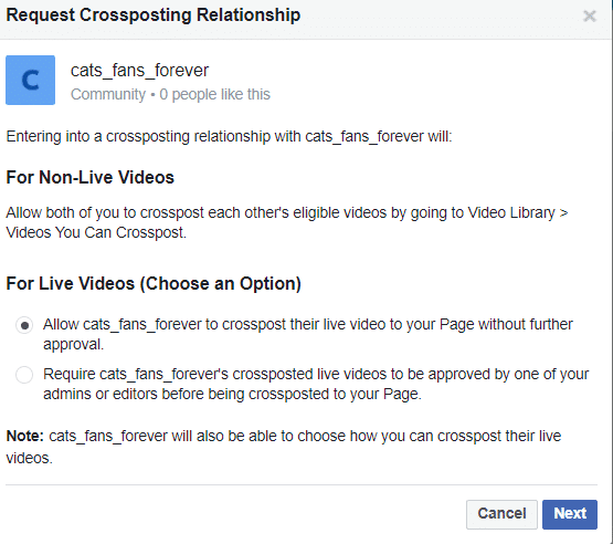 request crossposting relationship between Facebook pages
