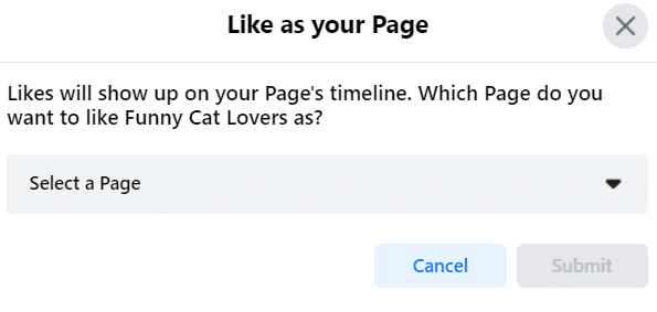 select the Facebook page you want to like as a FB page