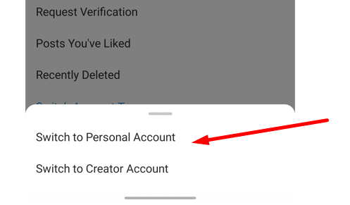 switch back to a personal account Instagram