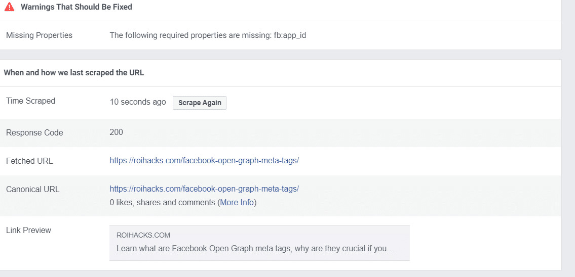 Facebook Debugger Warning and when they scraped the URL
