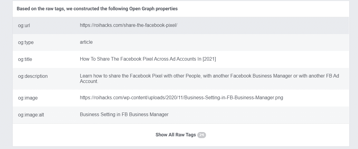 Facebook Open Graph tags scraped by the Facebook Debugger