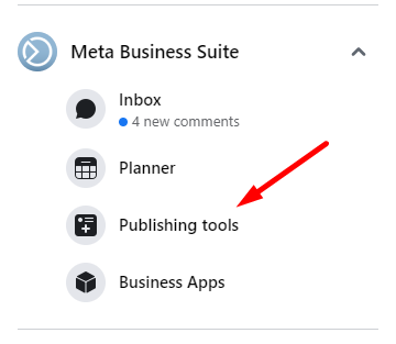 Facebook Publishing Tools under the Meta Business Suite on a Facebook page