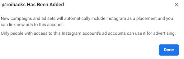 Instagram account added to Facebook Business Manager