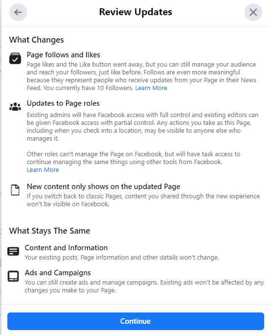 changes to new page experience on Facebook