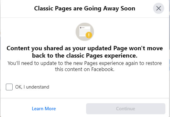 confirm changing back to classic Facebook page