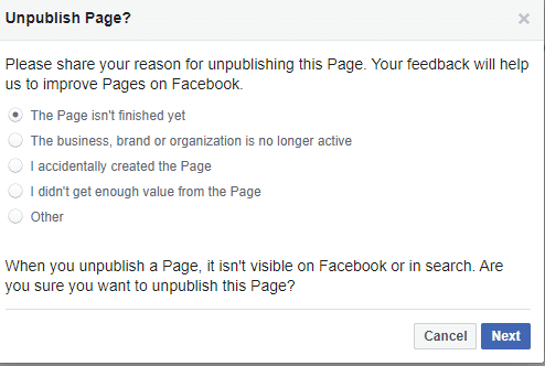 confirm hiding the Facebook page