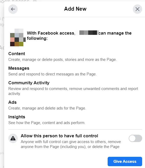 give Facebook Access to people with full or limited control