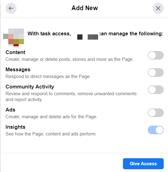 give task access to someone on a new Facebook page design