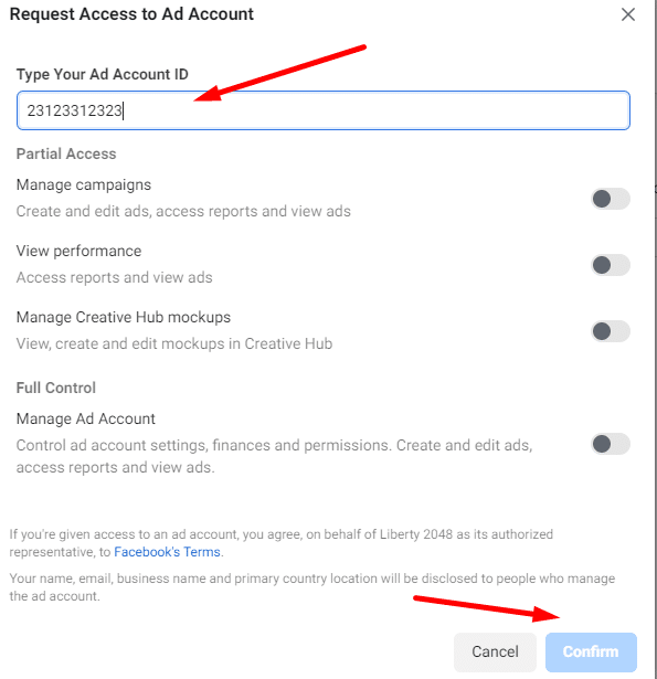 request access to Facebook Ad Account from Business Manager