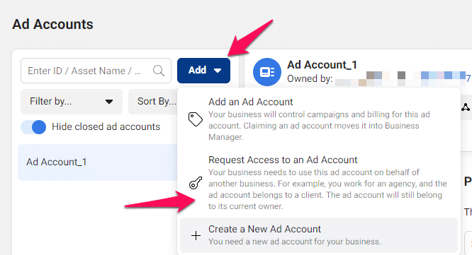 request access to Facebook Ad Account in Business Manager