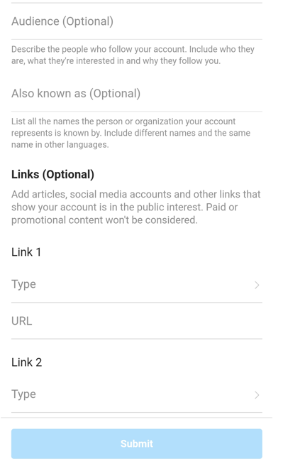Instagram verification form - articles