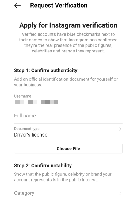 Instagram verification form