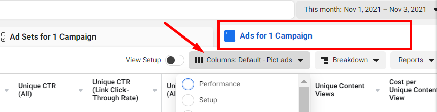Facebook Ads Manager - Ads Tab - Columns