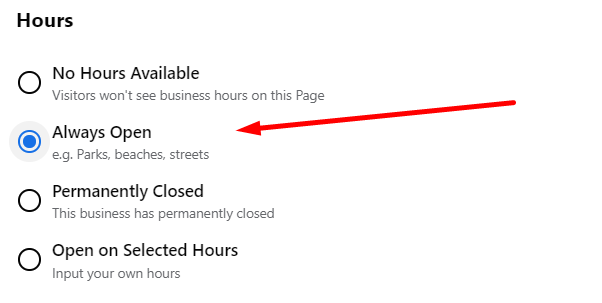 Facebook page always open as business hours