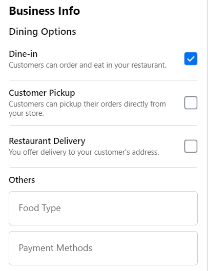 Restaurant business info on menu
