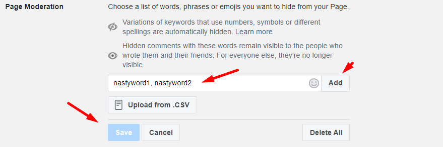 add block keywords to Facebook page moderation to hide spammy comments