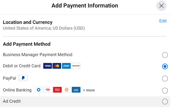 add card or paypal or ad credit as payment methods