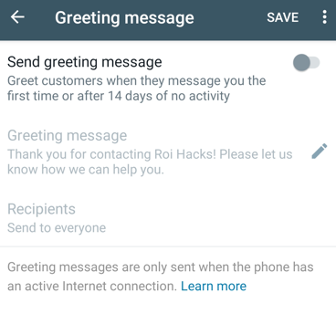 add greeting message to whatsapp business account