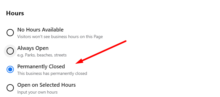 add permanently closed to Facebook business page hours