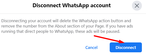 confirm disconnecting WhatsApp business account from a facebook page