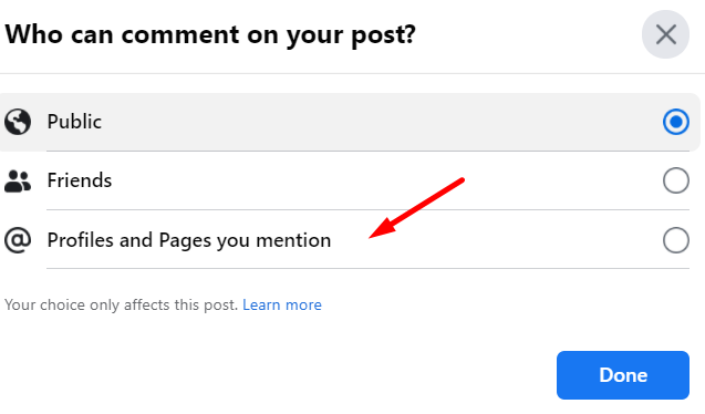 only mentioned profiles and pages can comment on your Facebook post