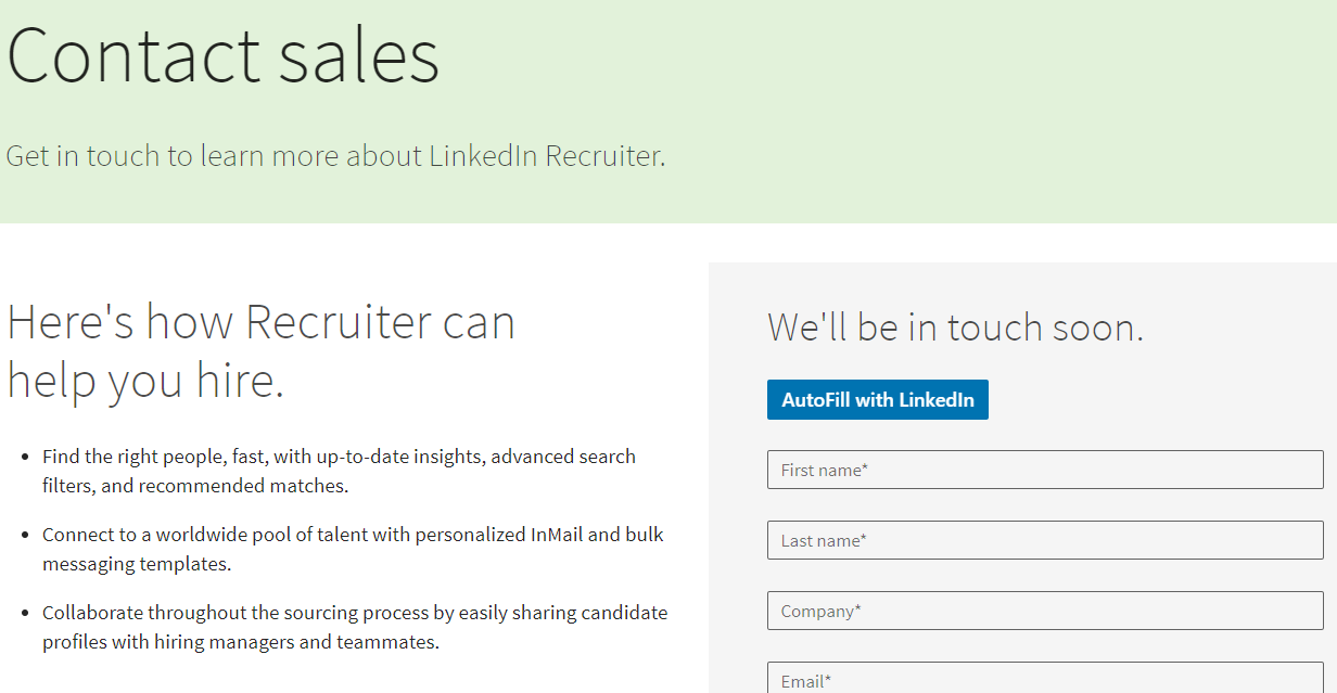 purchase LinkedIn Recruiter service - sales call contact form
