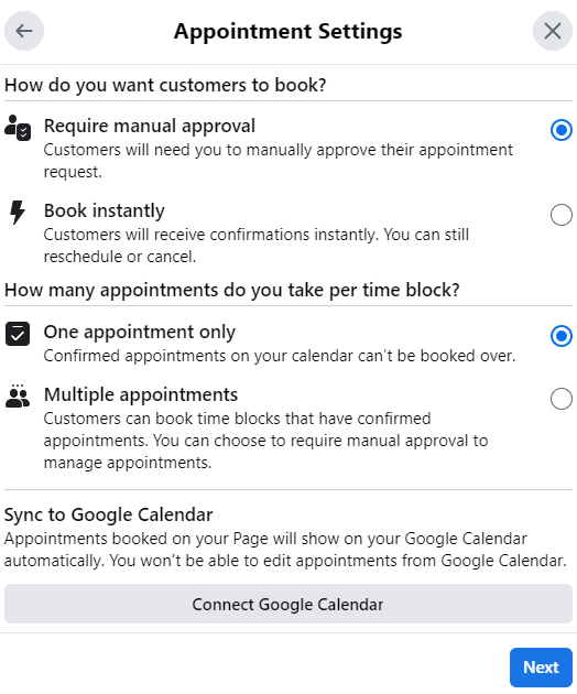 Facebook Appointment settings