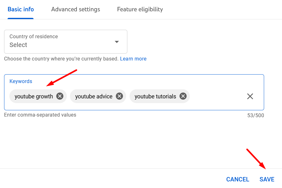 how to add keywords to youtube channel