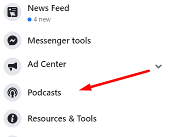 podcasts settings on a Facebook page