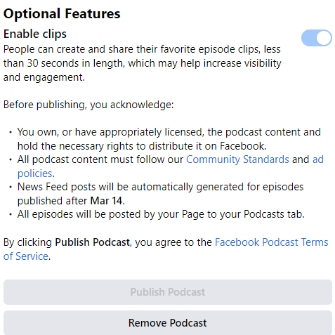 remove or publish podcasts on Facebook page