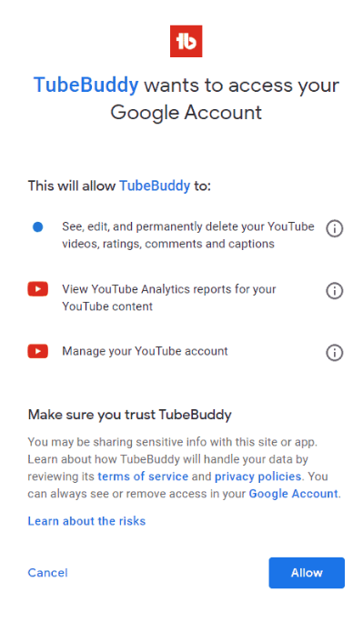 TubeBuddy wants to access your Google Account