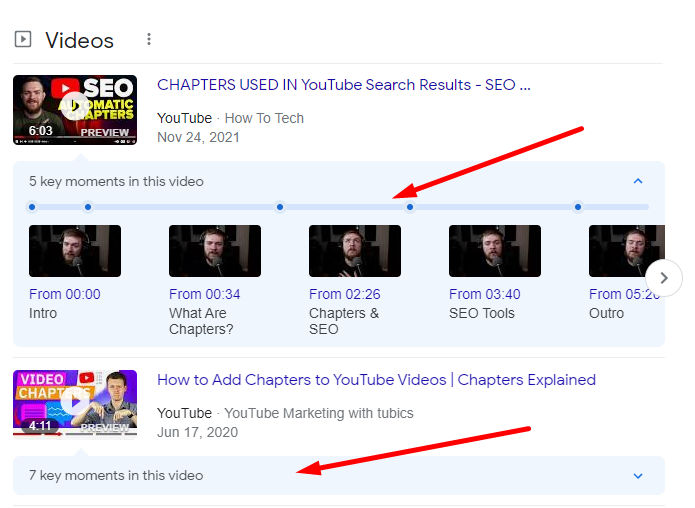YouTube video chapters in Google Search results