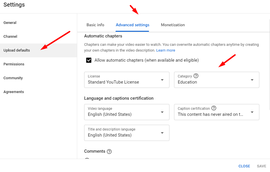set YouTube default video category